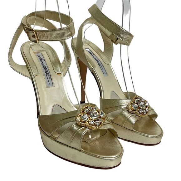 Brian Atwood Crystal Embellished High Heels Metallic Gold Ankle Strap Italy 38 8 - Picture 3 of 12